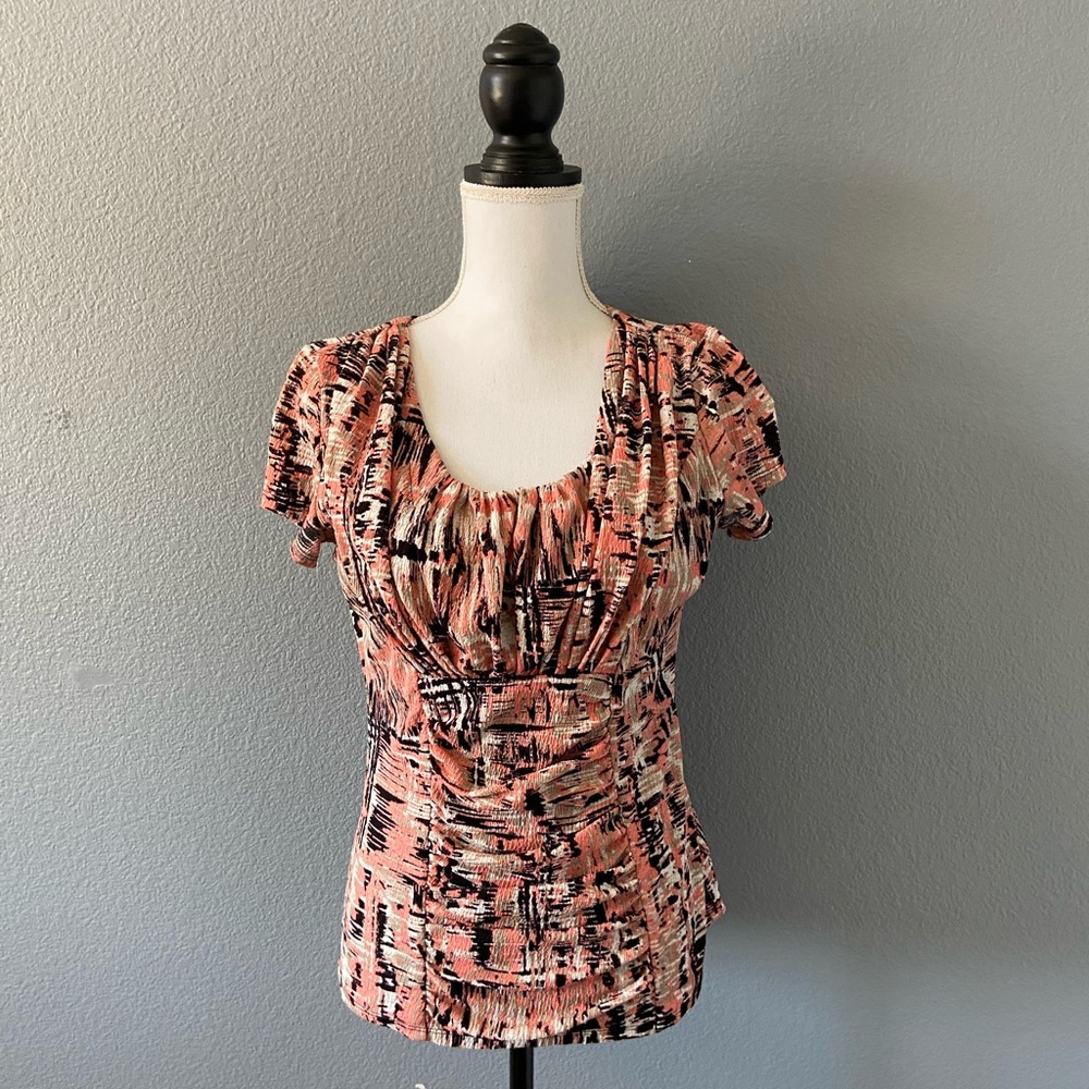 Alfani Short Sleeve Ruched Top - Coral Peach/Black